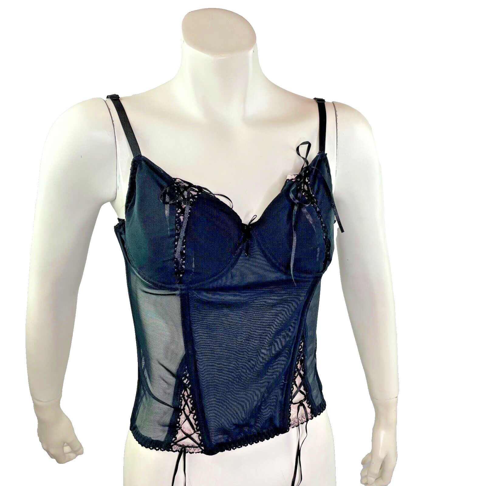 Jolie Intimates Black Semi-Sheer Mesh Lace Boned Bustier Corset Top UW Bra 36C