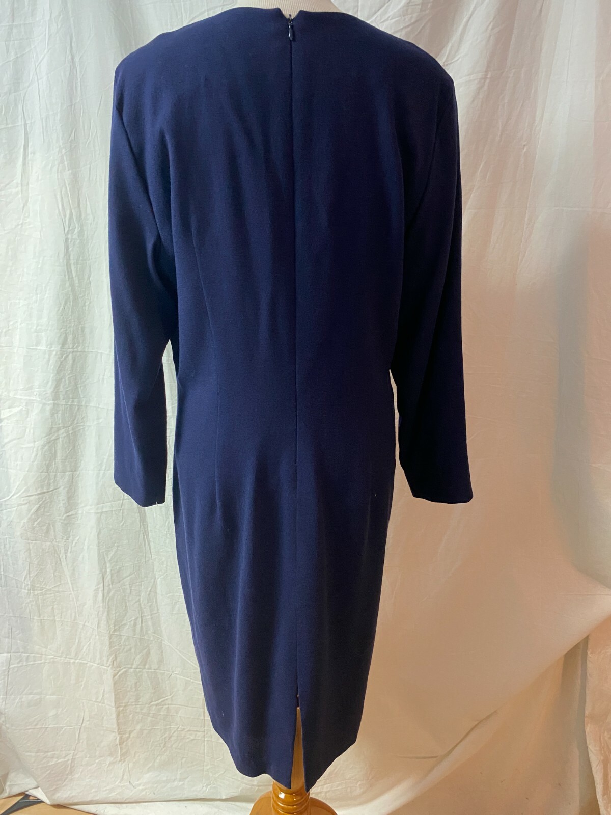 Vintage 80s SCAASI Blue Wool Crepe Dress Black Velvet Panels 30s Elegance 12/14