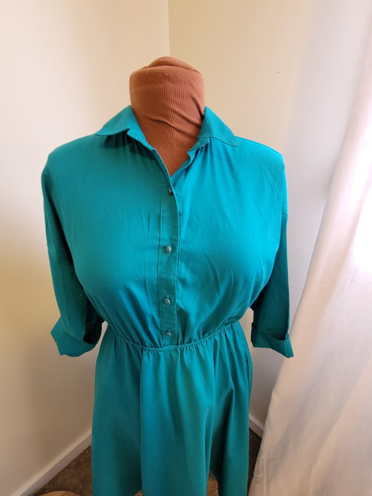 80s VTG USA American Shirt Dress Teal 8 Shoulder Pads