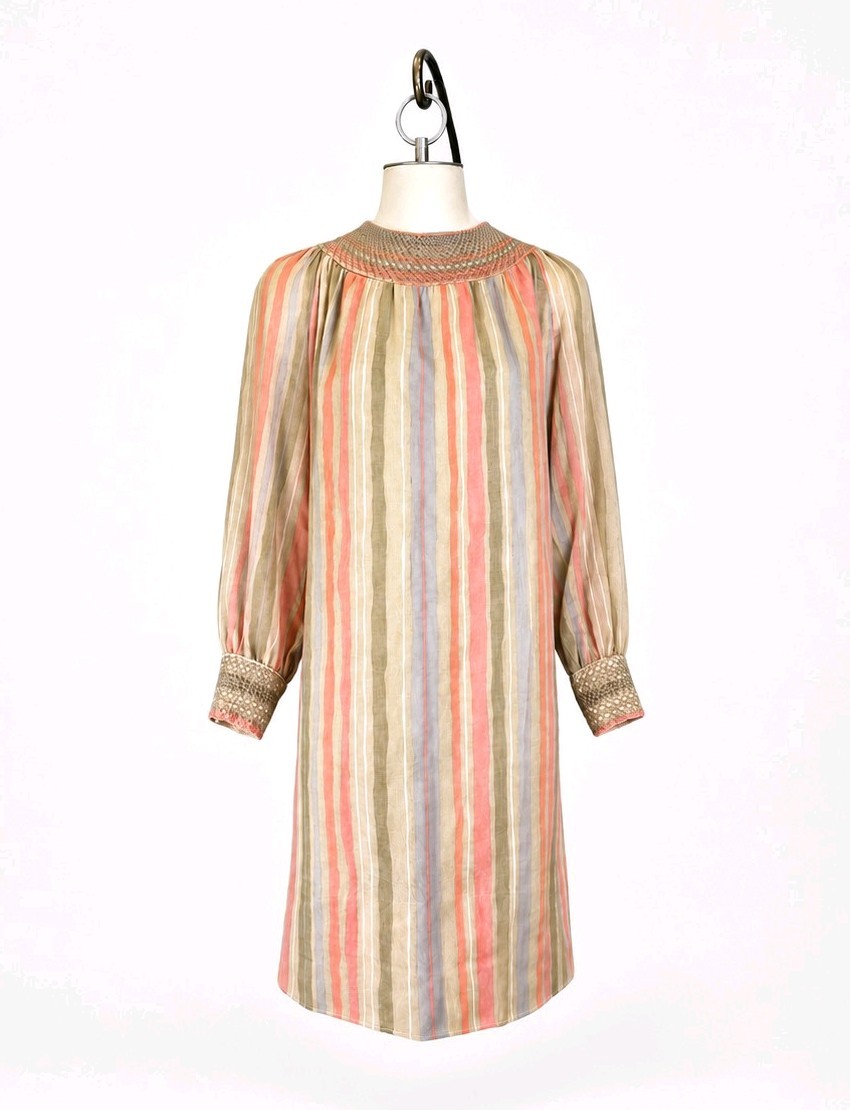 Vintage Majestic Smocked Dress Pastel Stripe Long Sleeved Resort Wear Shift M