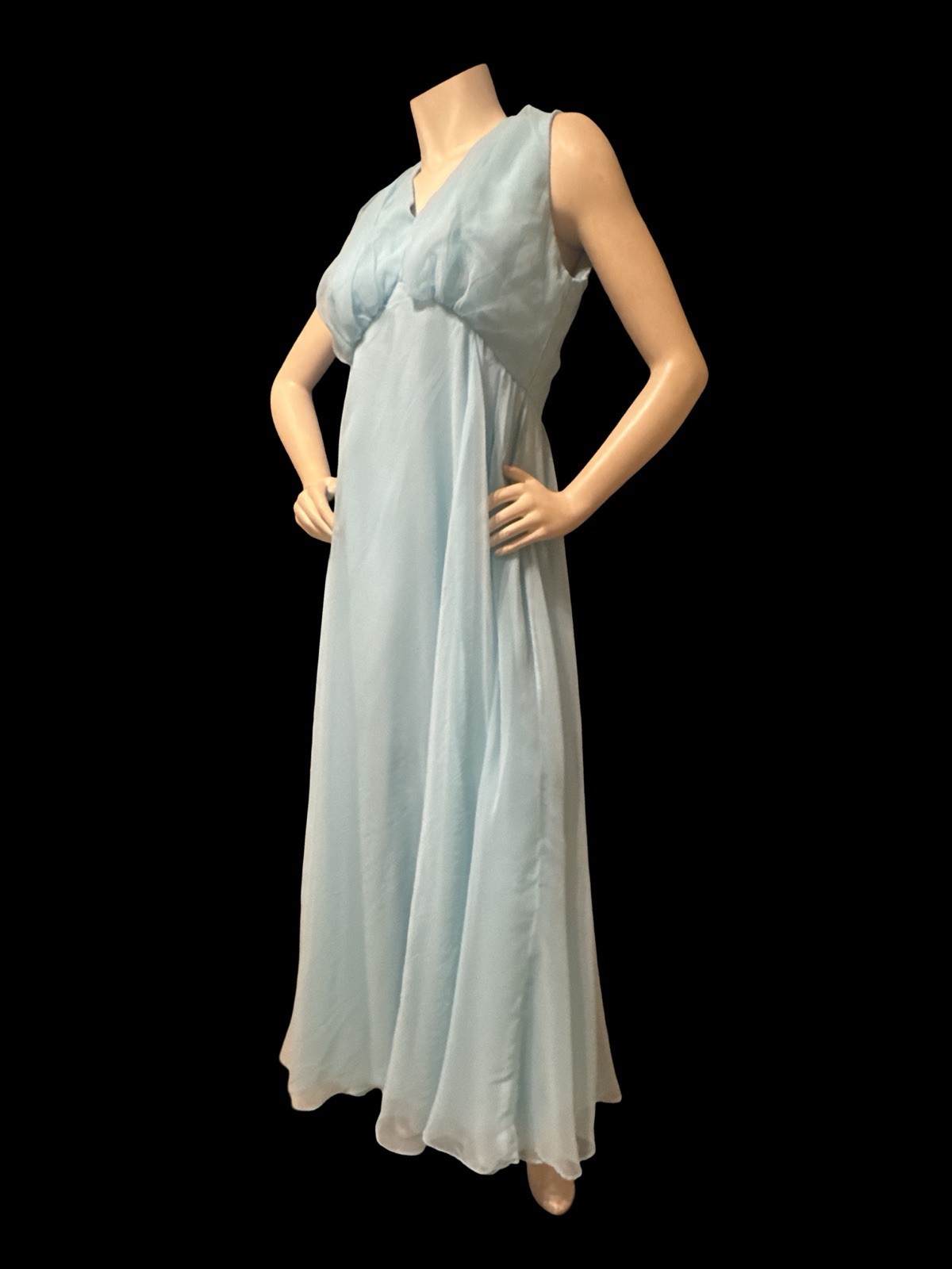 1970s Blue Chiffon Hostess Maxi Dress Empire Waist Cape Overlay MIL Dress 14 VTG