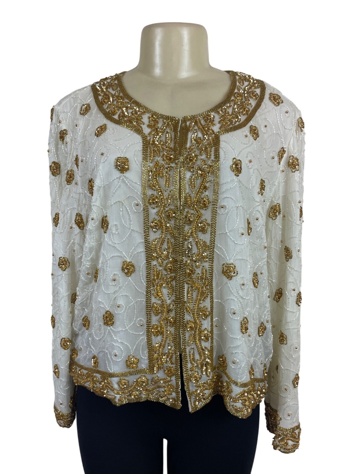 Mark & John Vintage White & Gold Sequined Beaded Jacket With Floral Design Sz XL