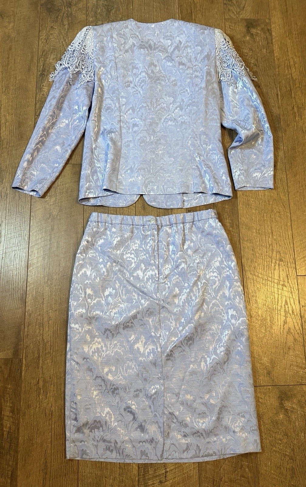 Vintage 2pc Skirt/ButtonTop Sz 12 In the Mood Blue Shimmer Floral Lace