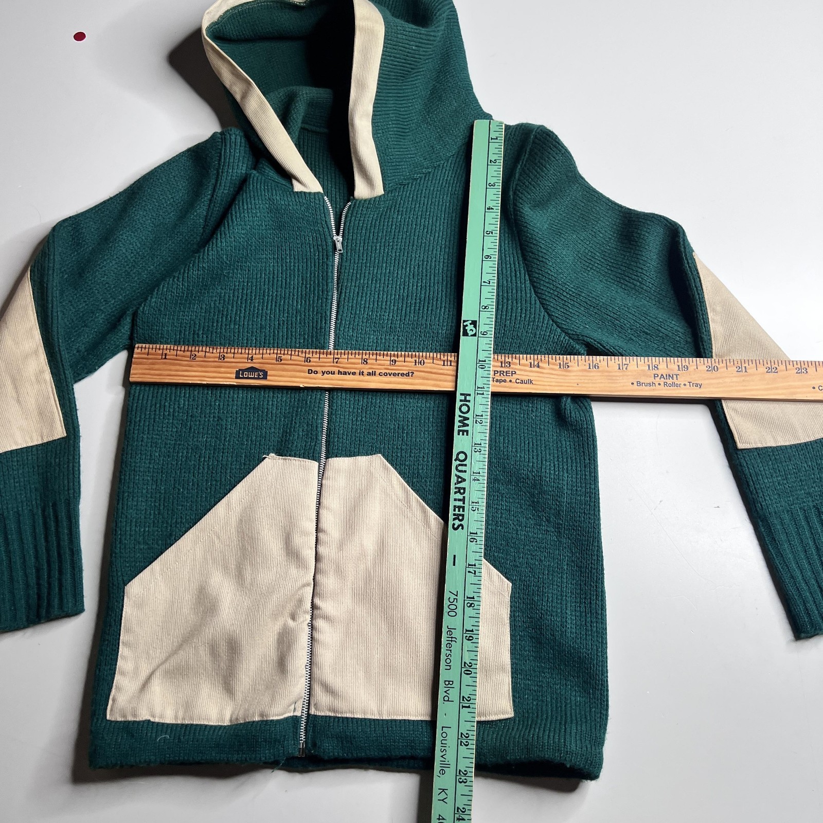 50s Vintage Hoodie Sweater M Green Hooded Full Zip Knit Jacket Pockets