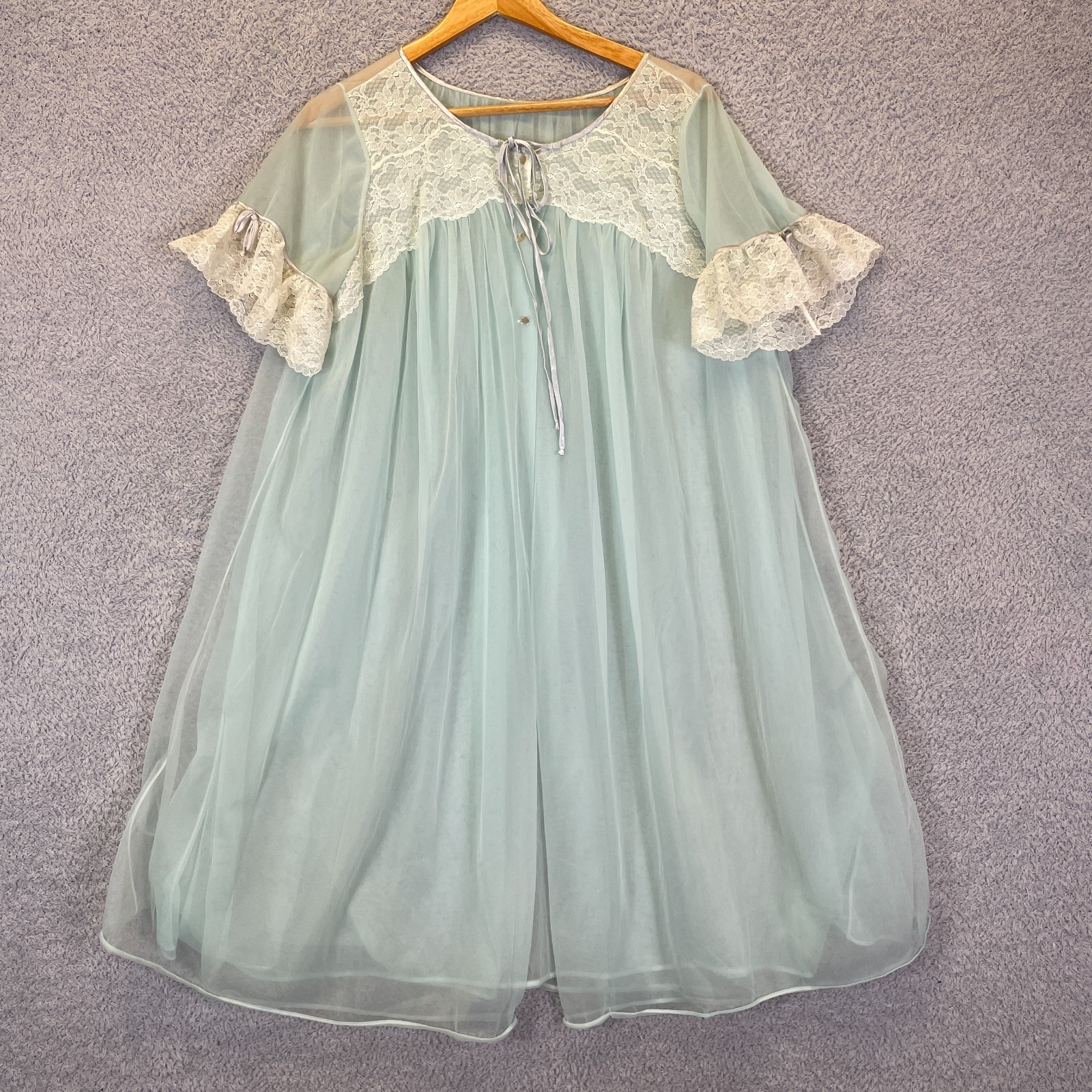 Vintage 60s 70s Evette Chiffon Babydoll Nightgown Peignoir Lace Sheer Size Large