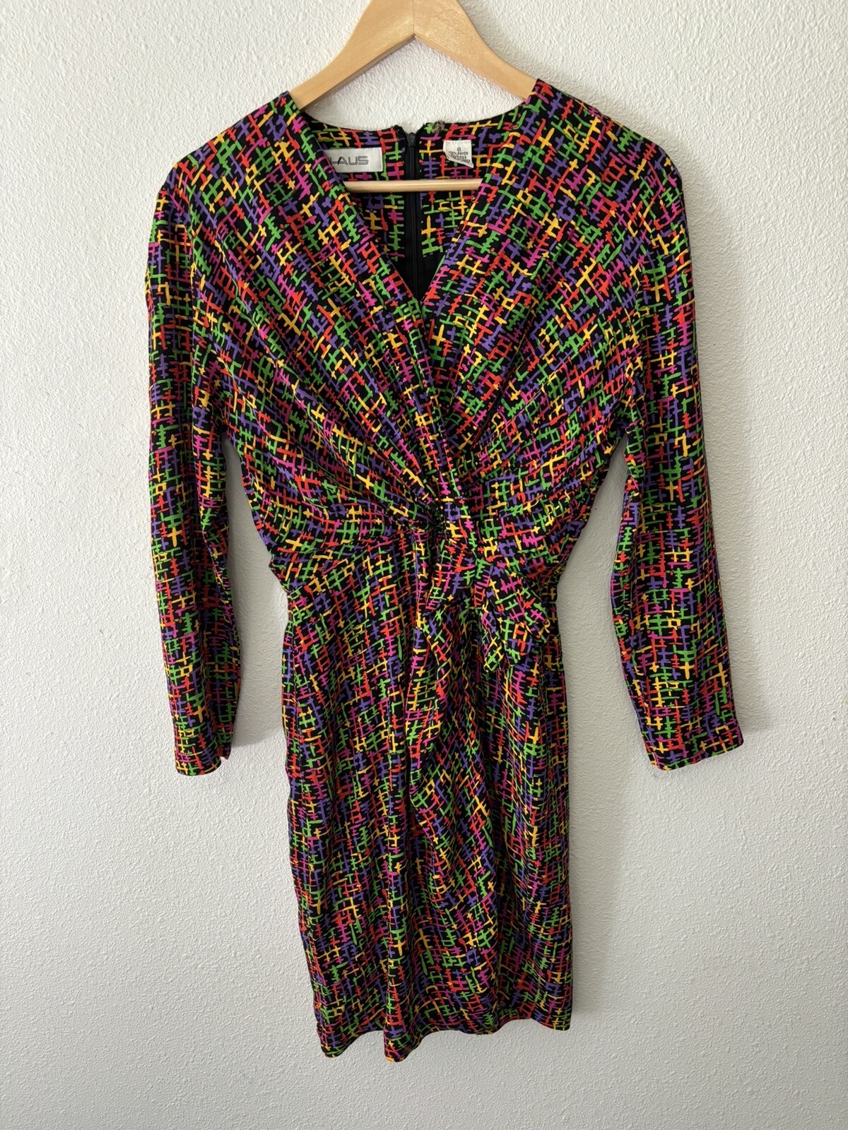 Vintage 80s 90s Geometric Neon Faux Wrap Dress S Abstract Y2K Psychedelic Rayon
