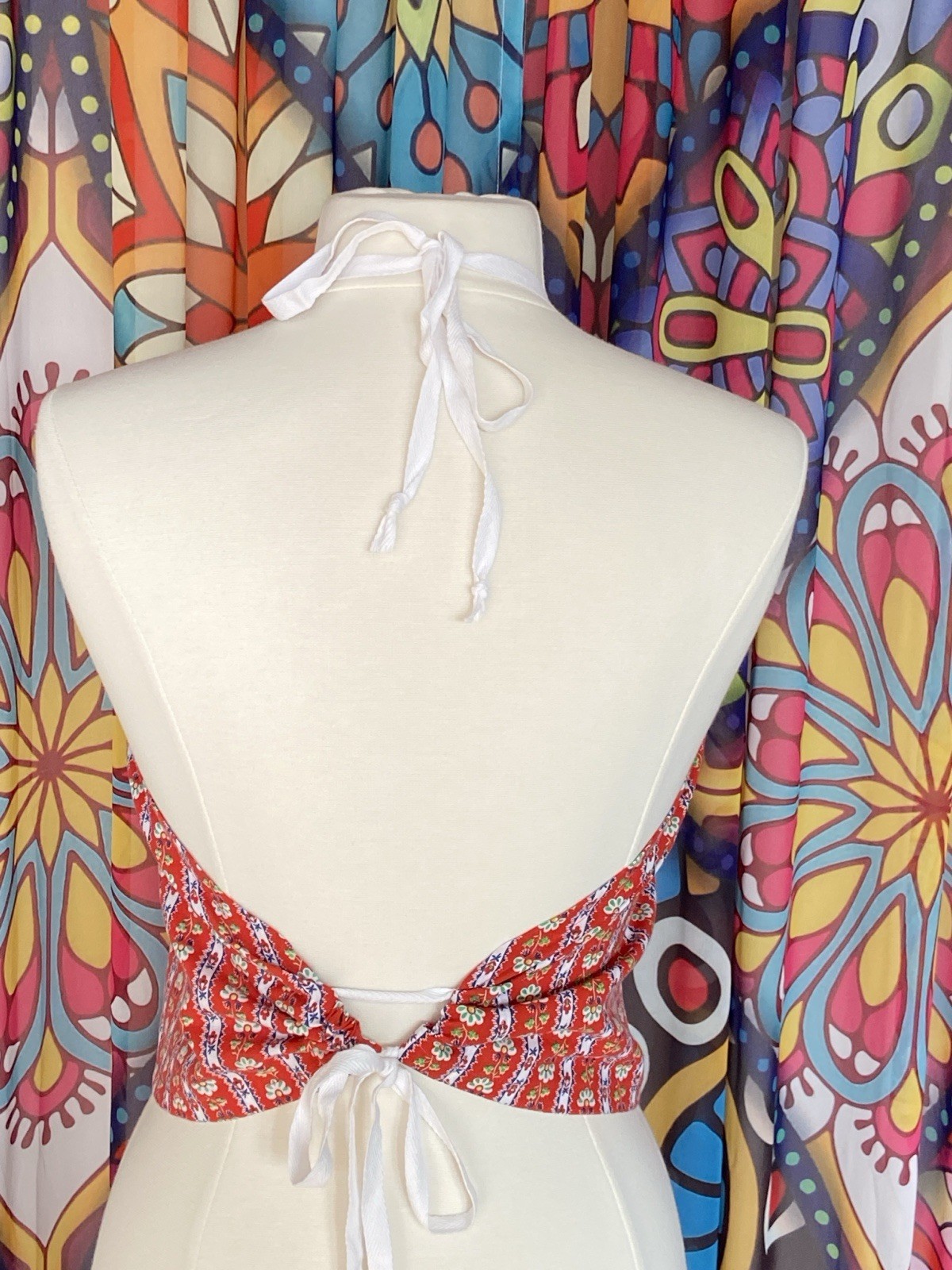 Vintage Cotton Red White Blue Folk Peasant Print Festival Hippy Halter Top M/L