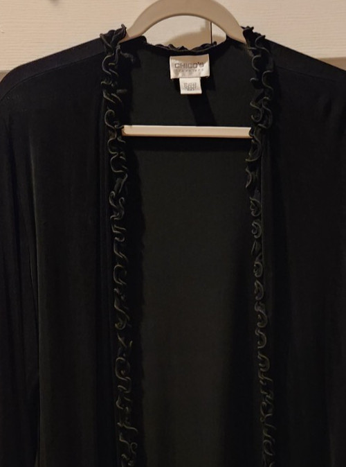 Chicos Travelers Sz 2~Reg 12~Black Open Front Travel Knit Cardigan~Ruffled Edges
