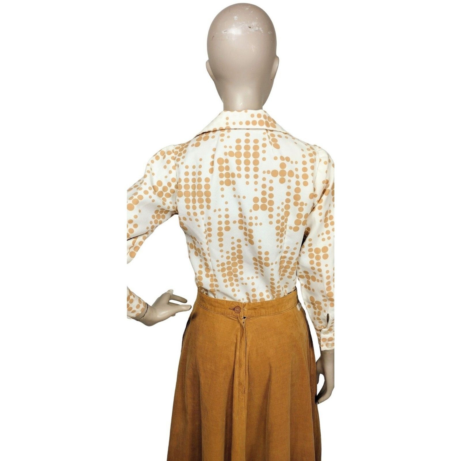 Vintage White Tan Polka Dot 60’s 70’s Button-Down Shirt Size XS/S/M