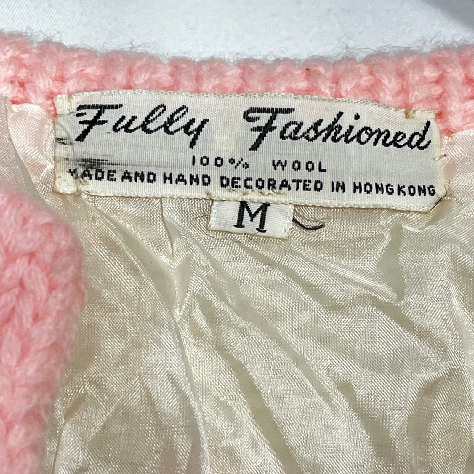 Fully Fashioned Vintage Wool Cardigan Pink Floral Embroidered Lined Sweater M