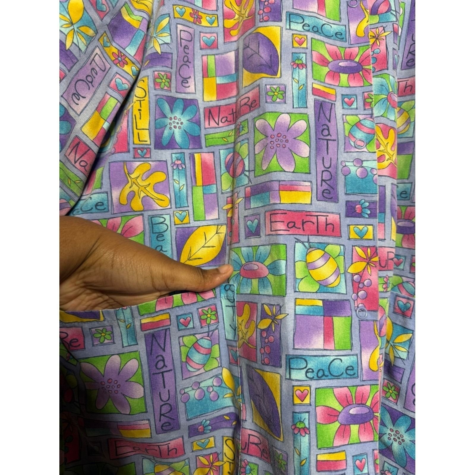 VTG SB Fashion Scrubs Jacket Women XL Multicolor Nature Peace Earth Beauty Print