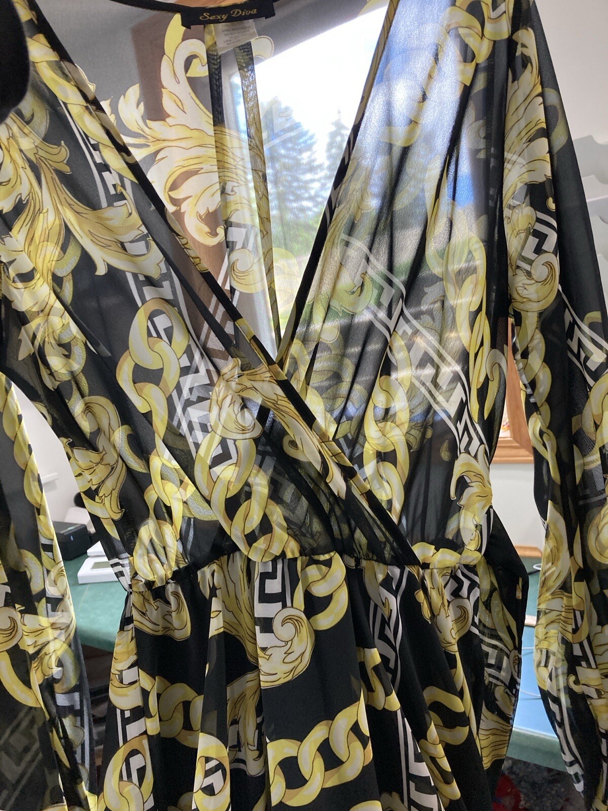 Vintage Sexy Diva Women Black Yellow Sheer Long sleeves Maxi Dress Size Medium