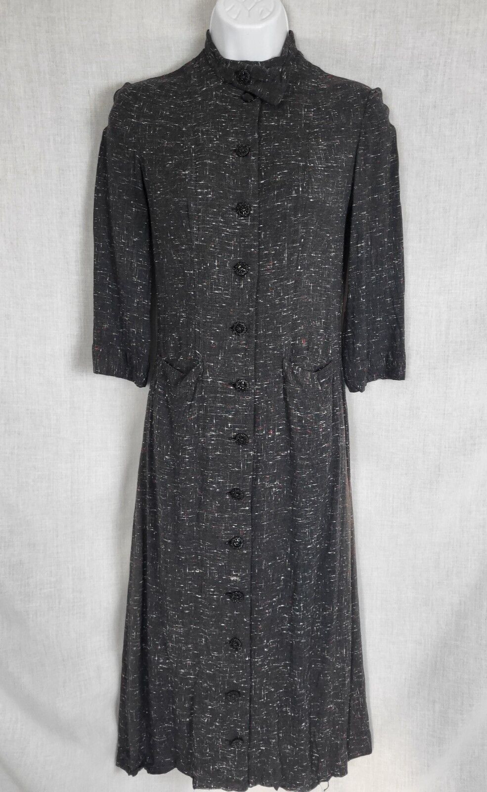 Antique 1960s -1970s Dark Gray Coat-Dress Handmade Size S/M Vintage Old Fashion