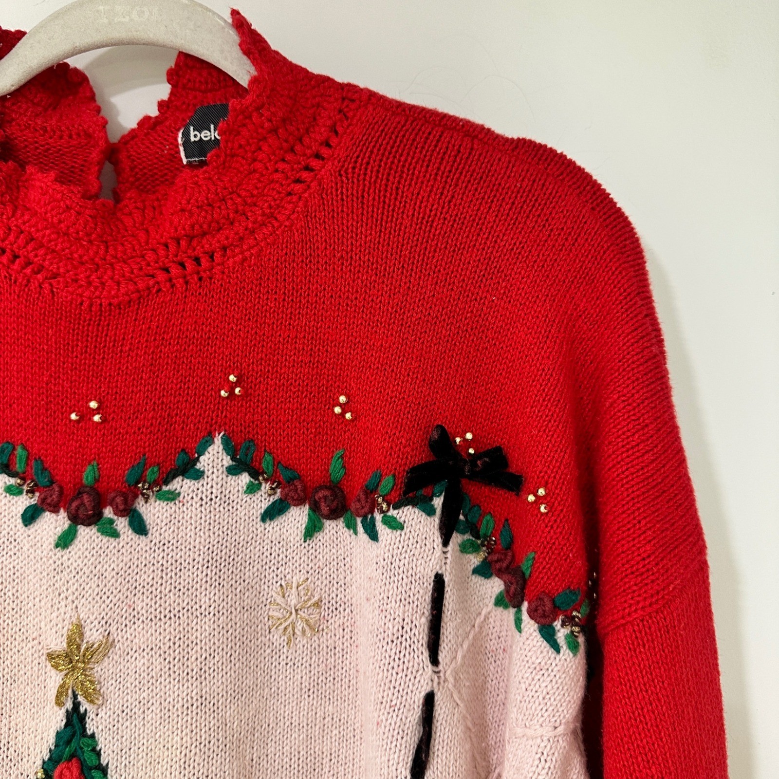 Beldoch Popper Vintage Christmas Sweater XL Tall Red Embroidered Tree Ramie