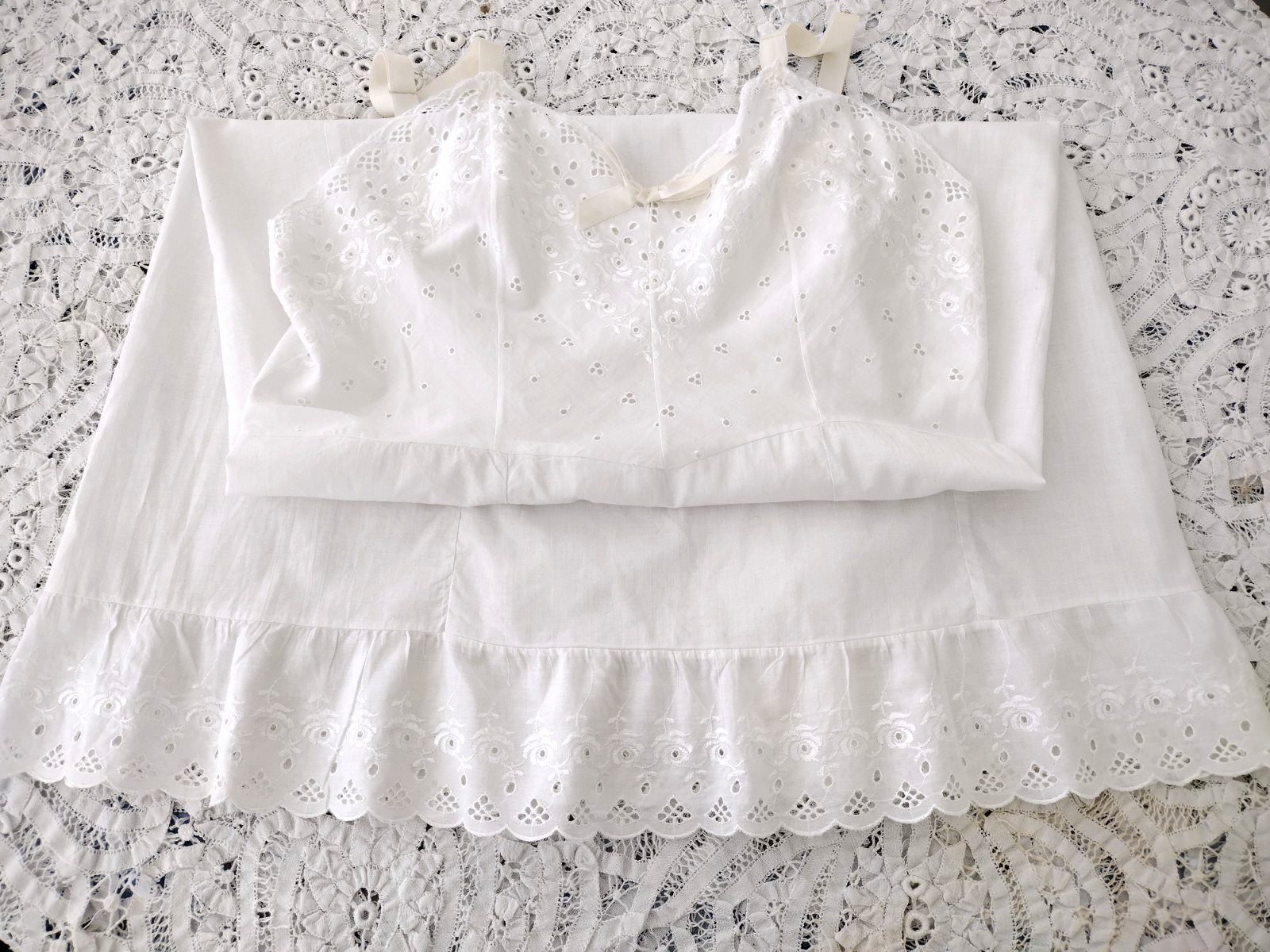 Vtg 50s Stones Wear Full Slip Dress White Cotton Eyelet Floral Lace Ruffle 38avg