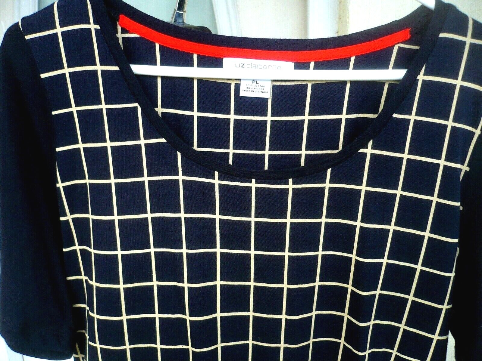 VTG LIZ CLAIBORNE MODAL COTTON BLACK BEIGE WINDOWPANE PLAID KNIT TOP P L M WOMEN