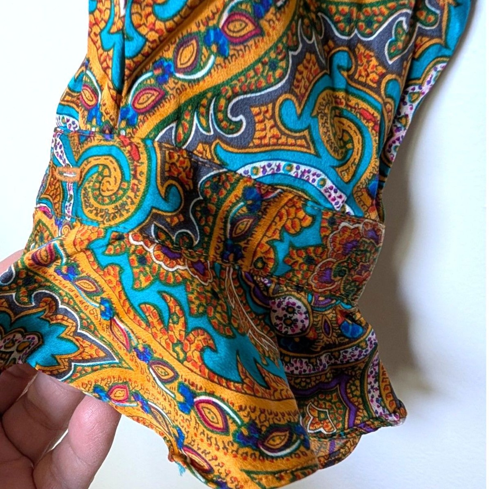 Vintage 90s Silk Paisley Blouse Size 8 Jewel Tone Boho Luxe Button Front Top