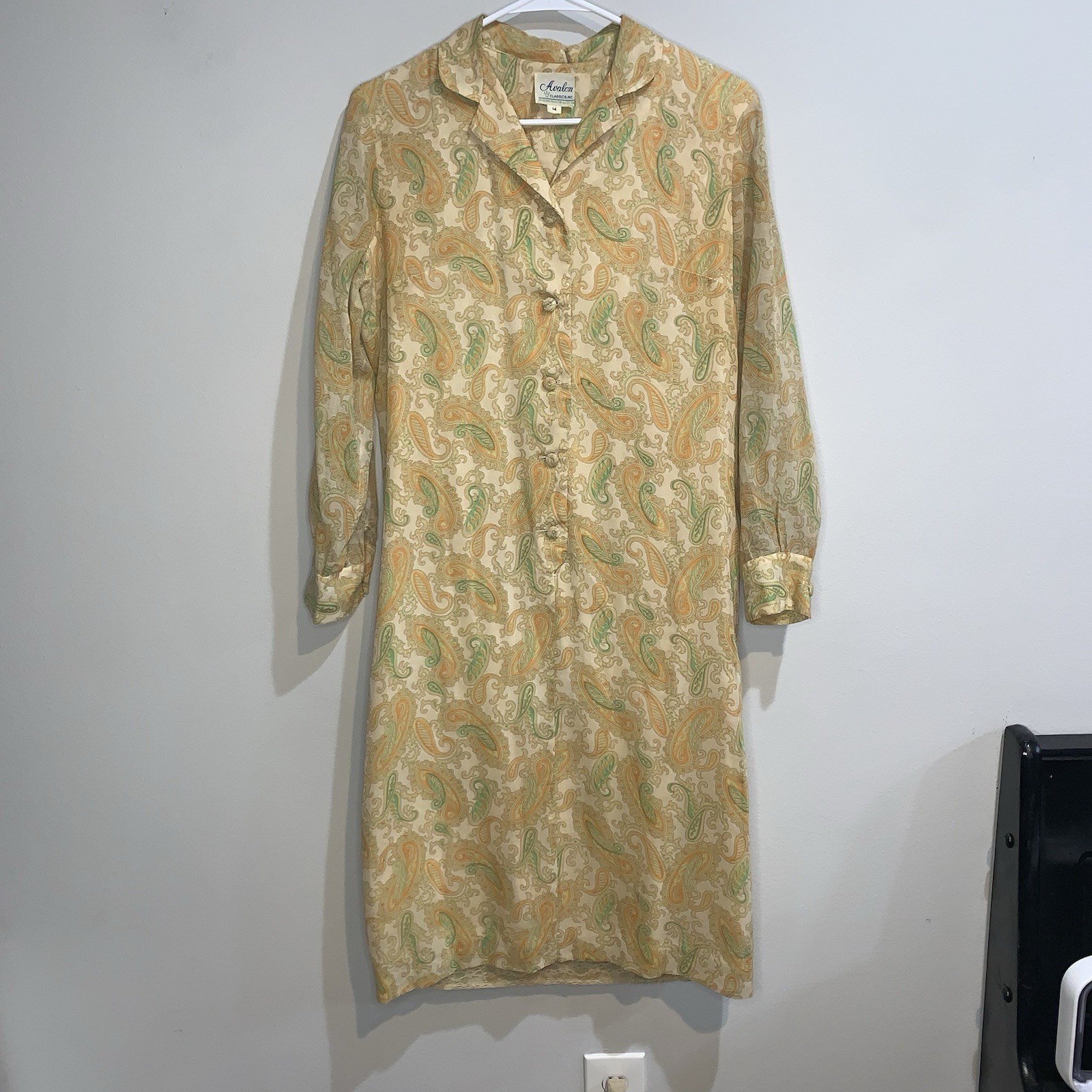 Vintage 70s Avalon Classics Paisley Shirt Dress Size 14 Orange Green Midi