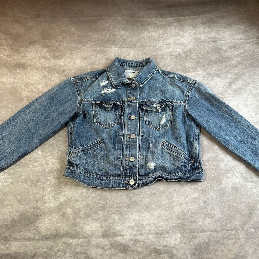 Old Navy Distressed Denim Jacket Womens Small Blue Cotton Jean Trucker Crop