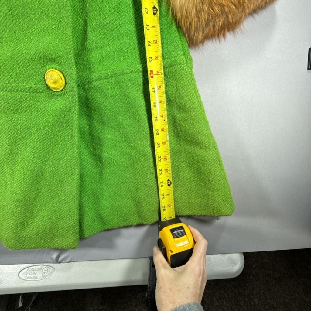 Vintage Green Wool Fur Collar Coat With Yellow Buttons
