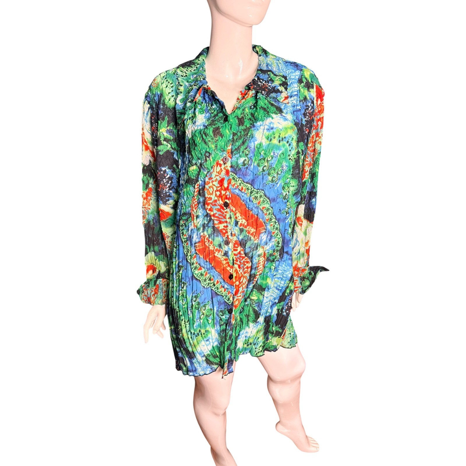Vintage 90s Alberto Makali Crinkle Tunic Blouse 2X Multi Color Abstract Pleated