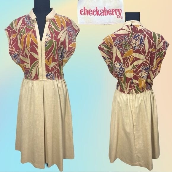 70’s/80’s Checkaberry Khaki Tan Floral dress With Union Tags See Measurements