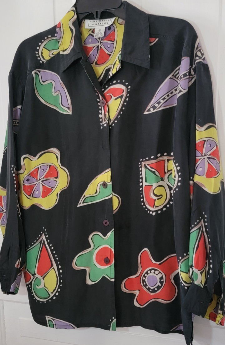 90s Vintage 100% Silk Fenn Wright & Manson Bold Abstract Button Front Blouse Med