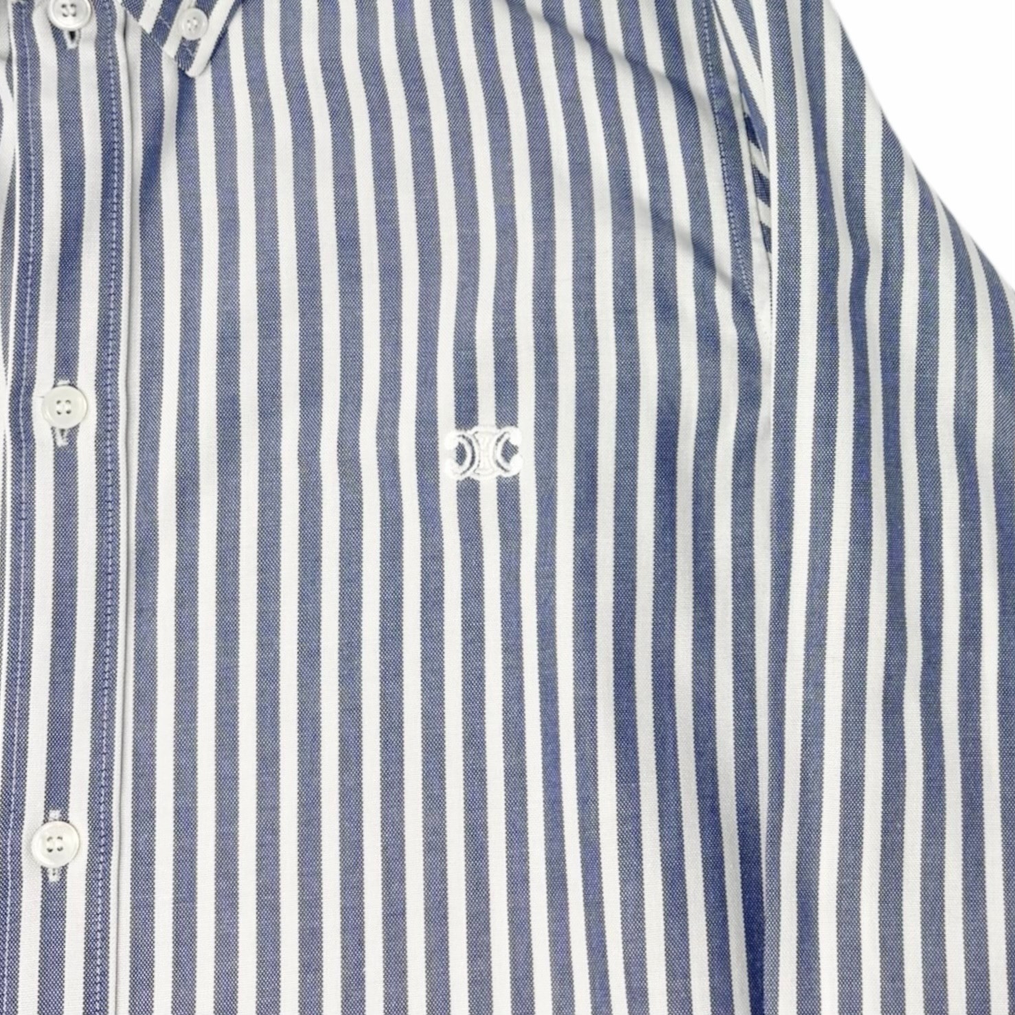 CELINE Triomphe Logo Stripe Button Up Shirt Long Sleeve #36 Blue White Cotton