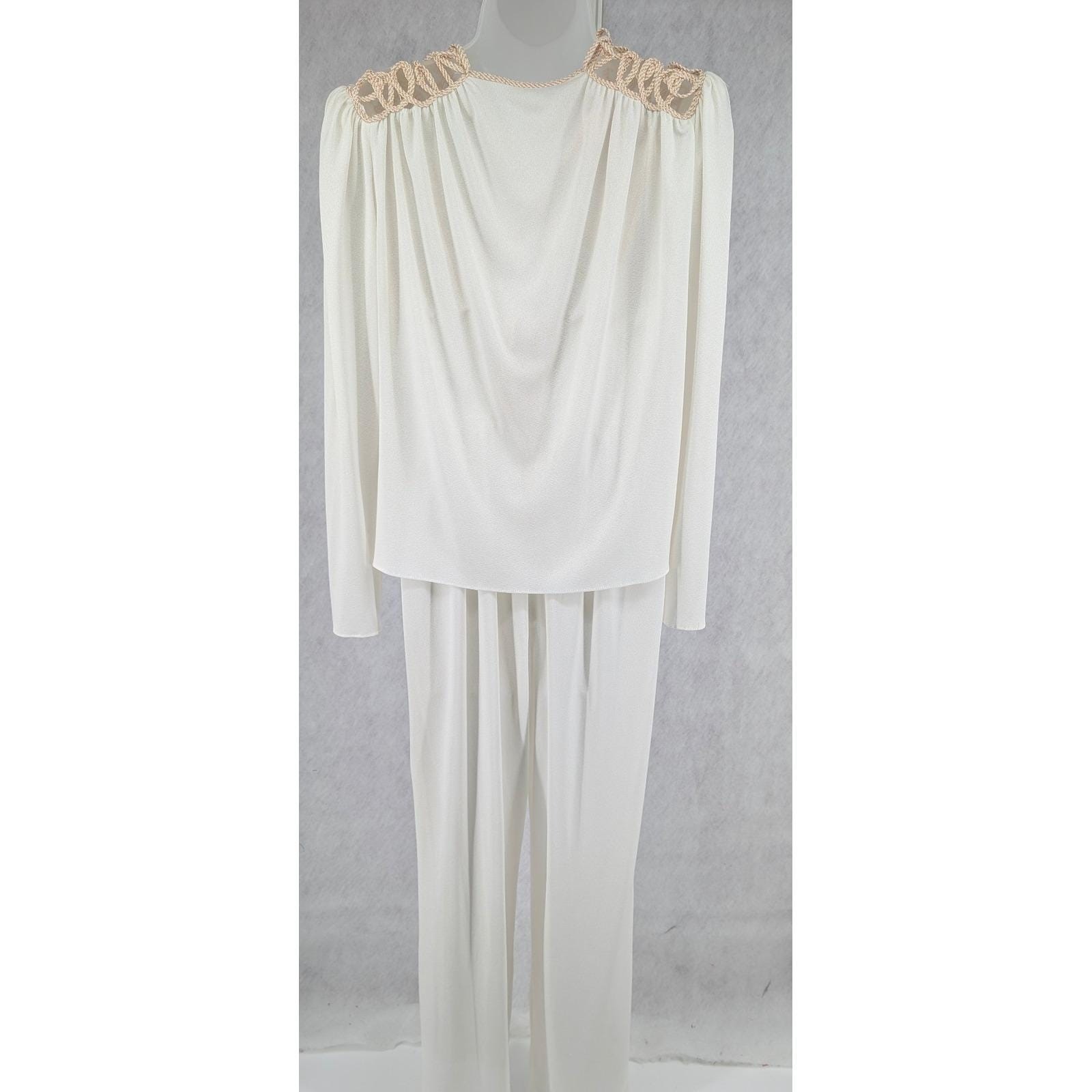 Vintage Jumpsuit Set Ivory White Cowl Neck Open Strappy Back Disco Glam Sz Small