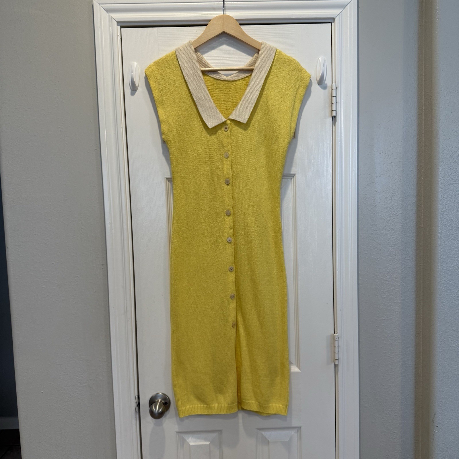 Vintage 60s Midi Knit Dress Women’s Small Yellow Cream Button Up Collar Feminine