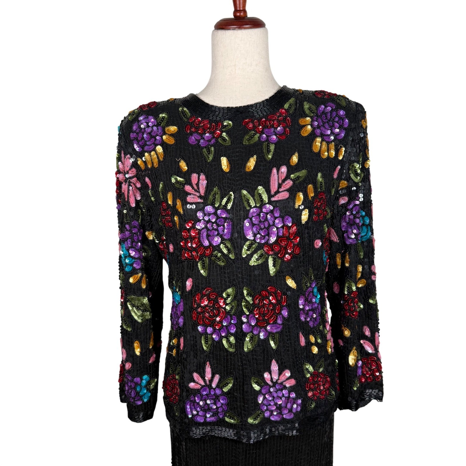 Jean for Joseph Le Bon Sequin Silk Two Piece Set Womens L Black Floral Vintage