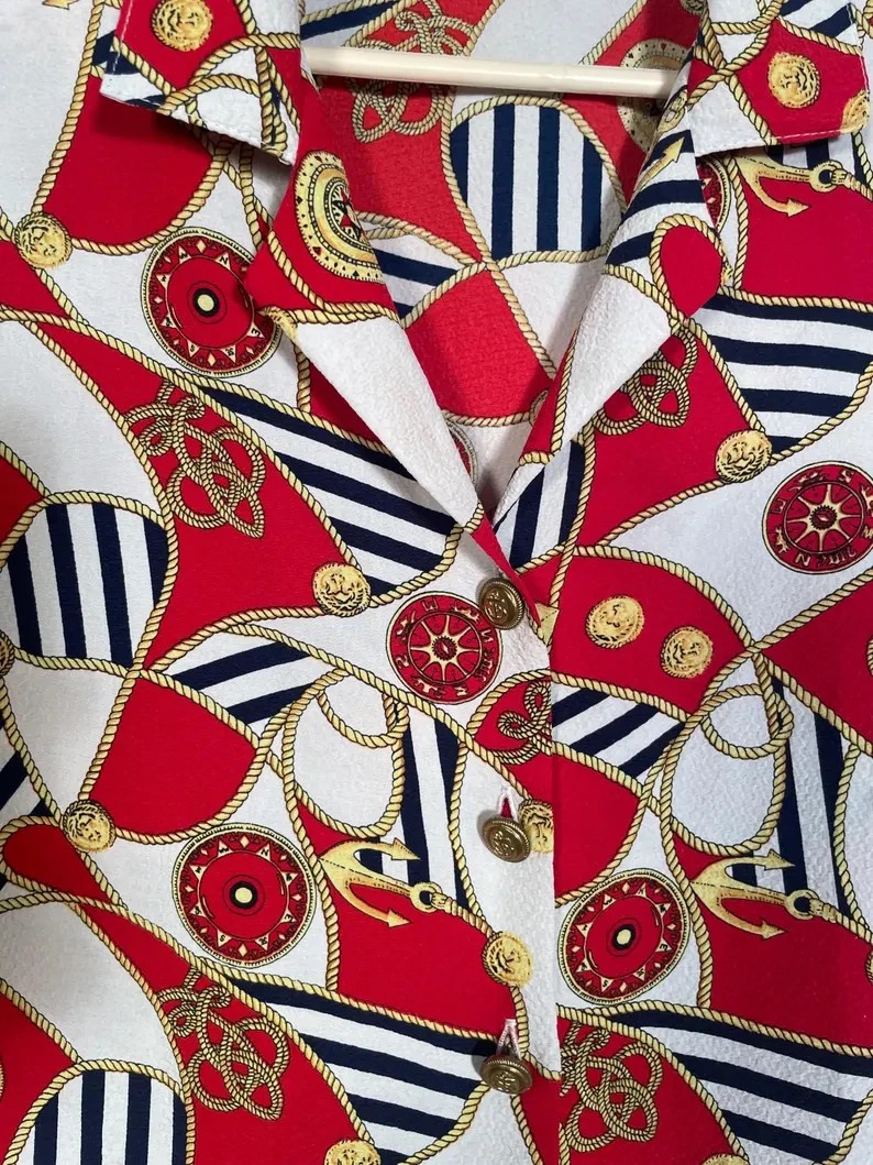 Vintage 80s/90s Plus Size Nautical Rope And Anchor Print Blouse Size XL/2XL