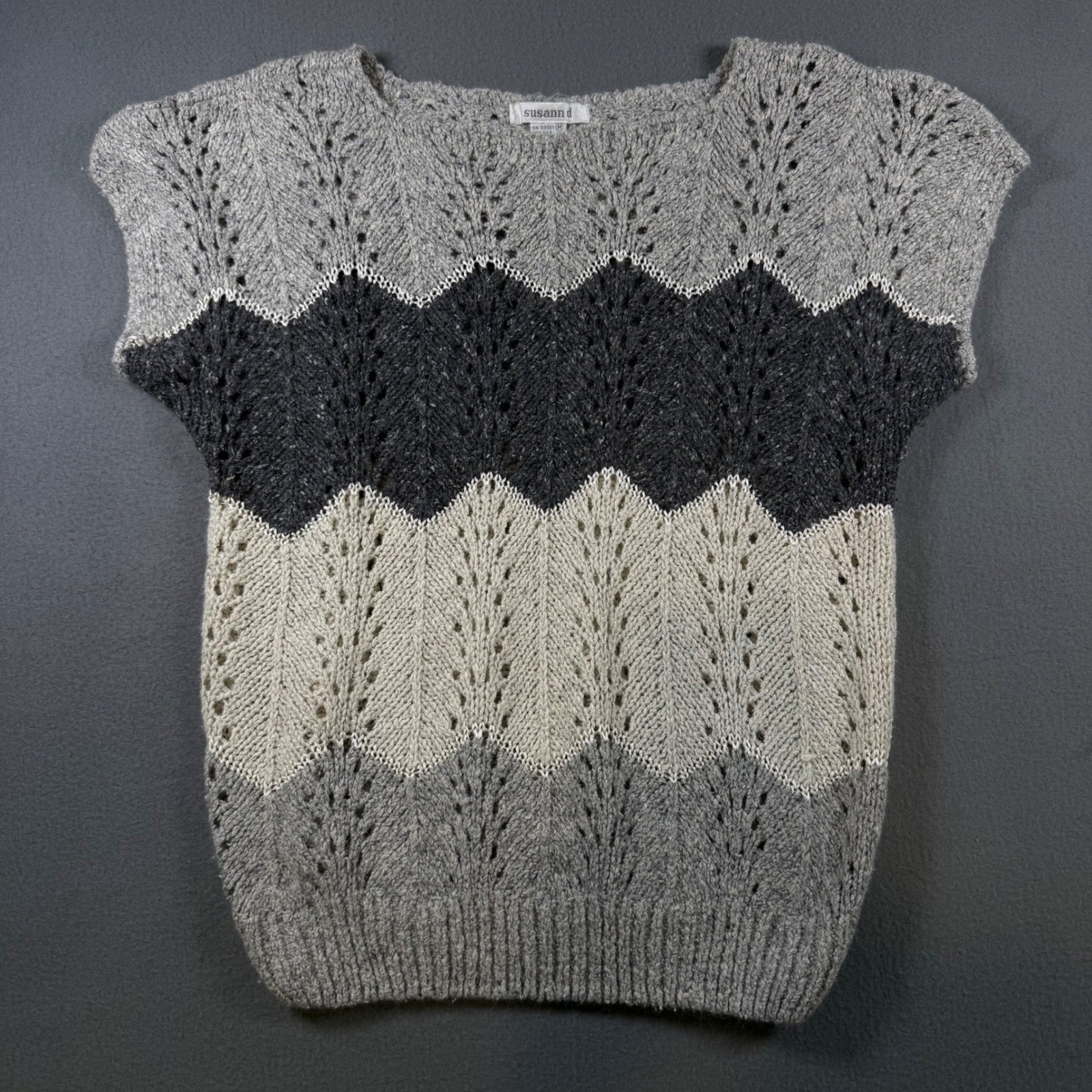 Susann D Vintage Silk Angora Blend Chevron Knit Sweater Top Grey Metallic Medium
