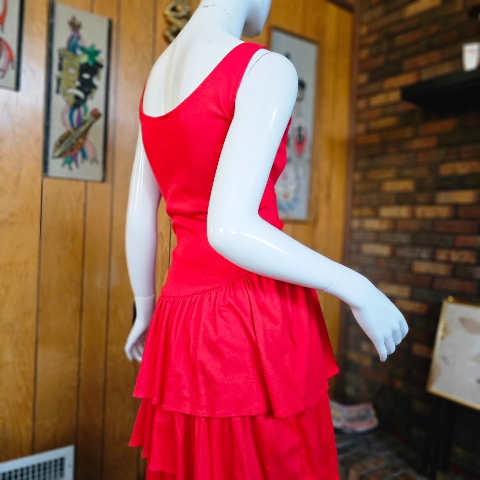 Vintage 80s New Wave Punk Cherry Red Tiered Ruffle Skirt Tank Top Day Dress M