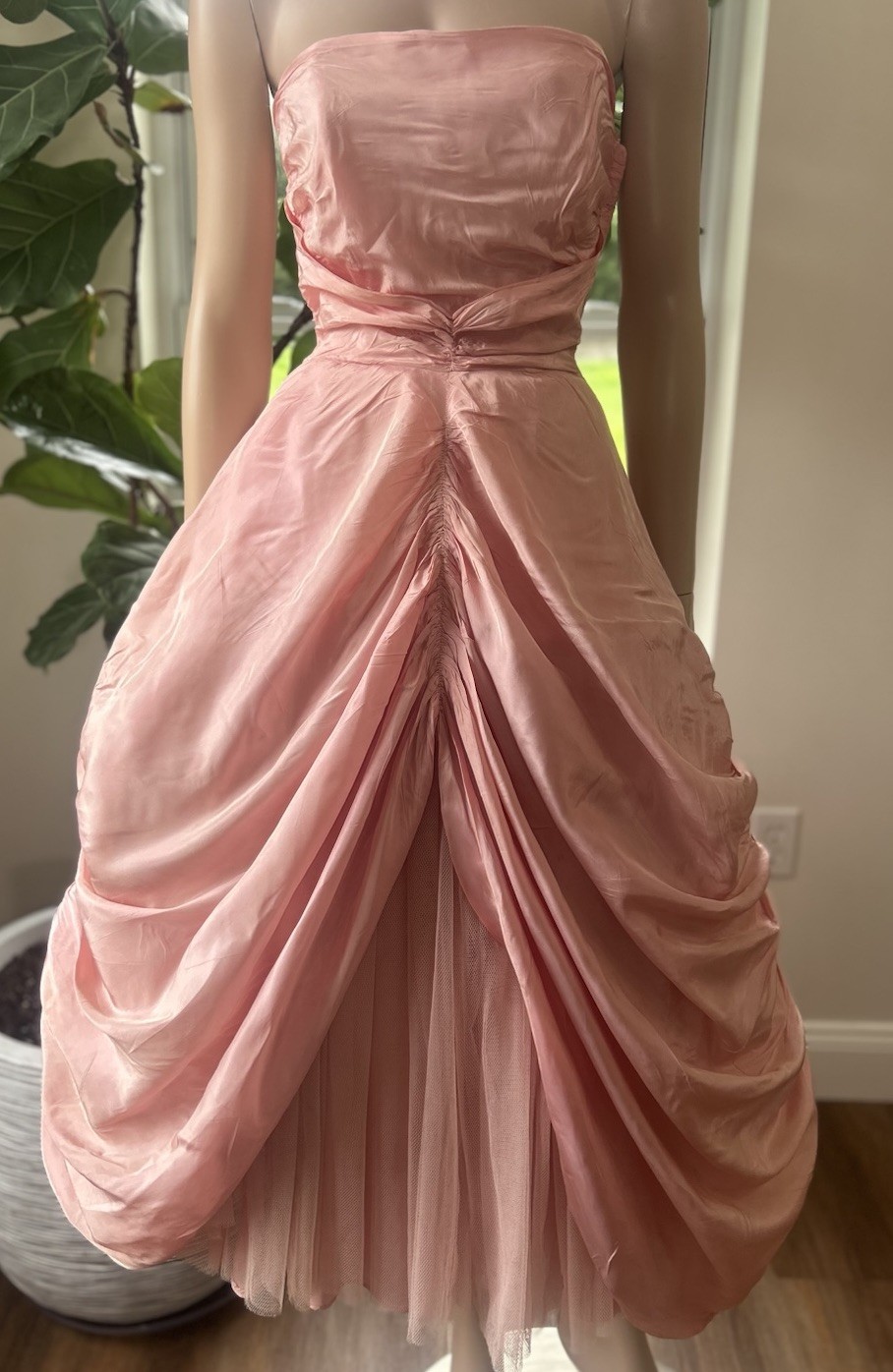 Vintage 1950s Will Steinman Rose Pink Cupcake Satin Silky Prom Gown Dress