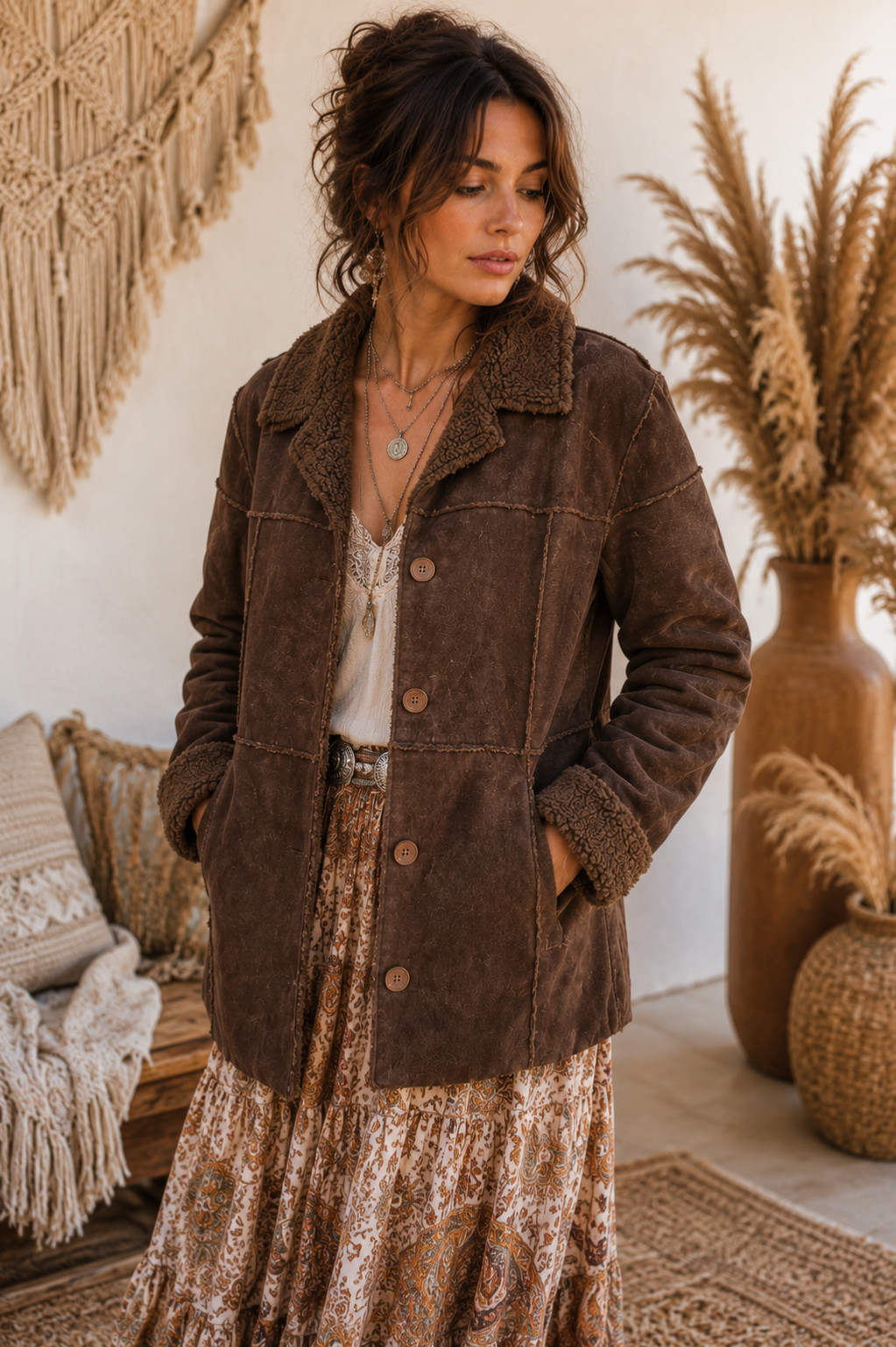 Y2K LEI Faux Shearling Coat Womens Large Brown Patchwork Faux Suede Boho Jacket