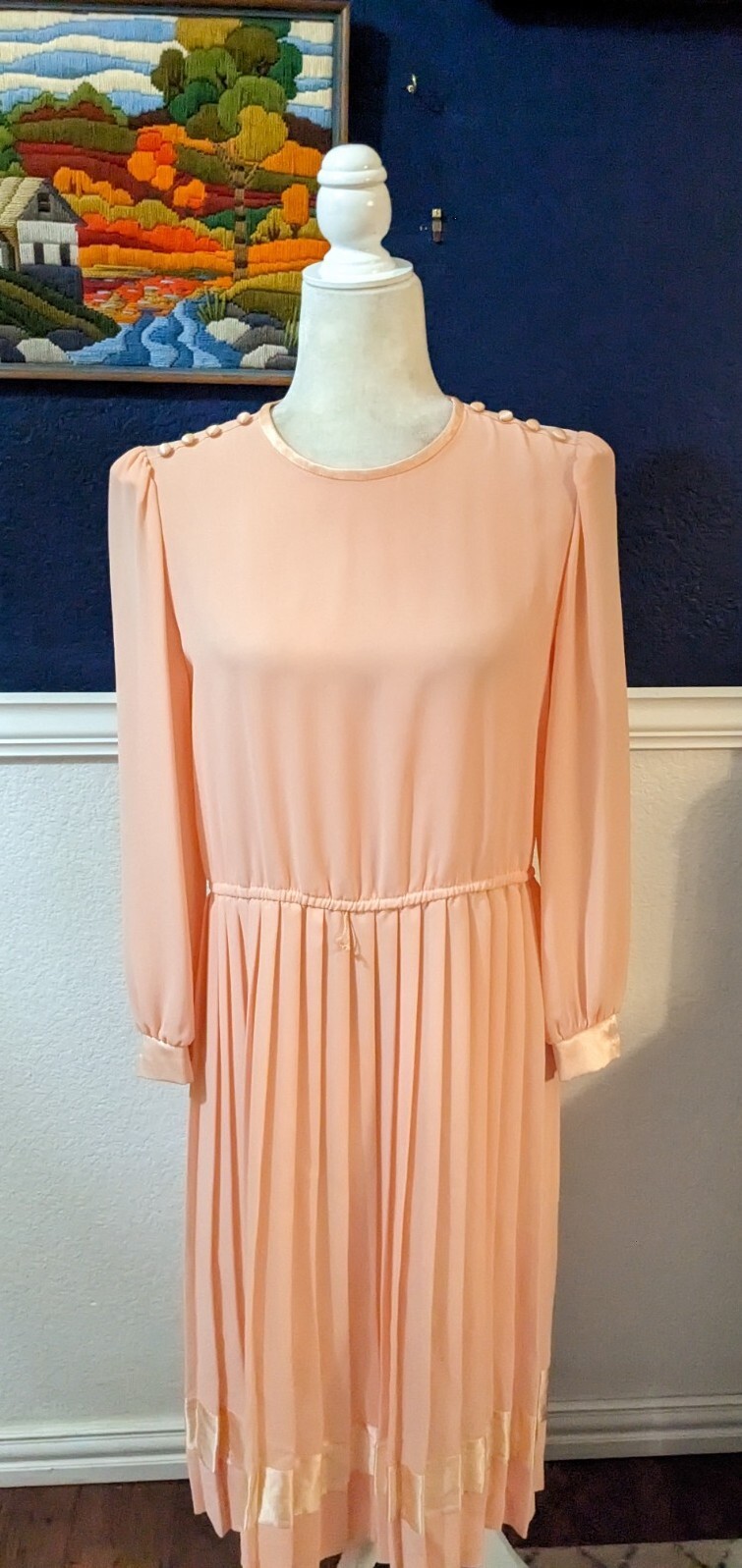 VTG Marinette 1970s Pleated Blush Pink Long Sleeve Dress Secretary Sz 10 Medium