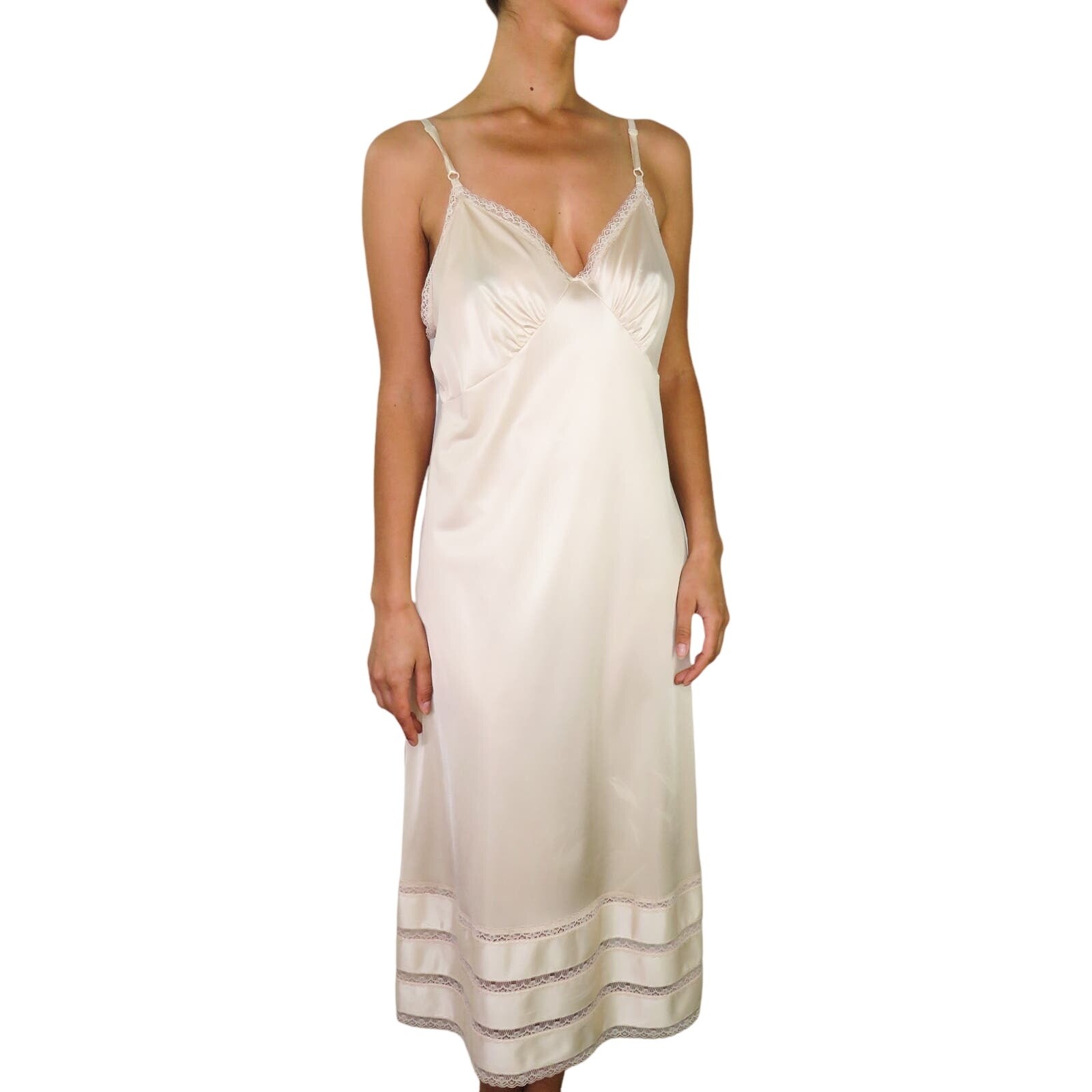1970s Vintage Sears Satin Lace Slip Nightgown Medium Lingerie Cream Silky