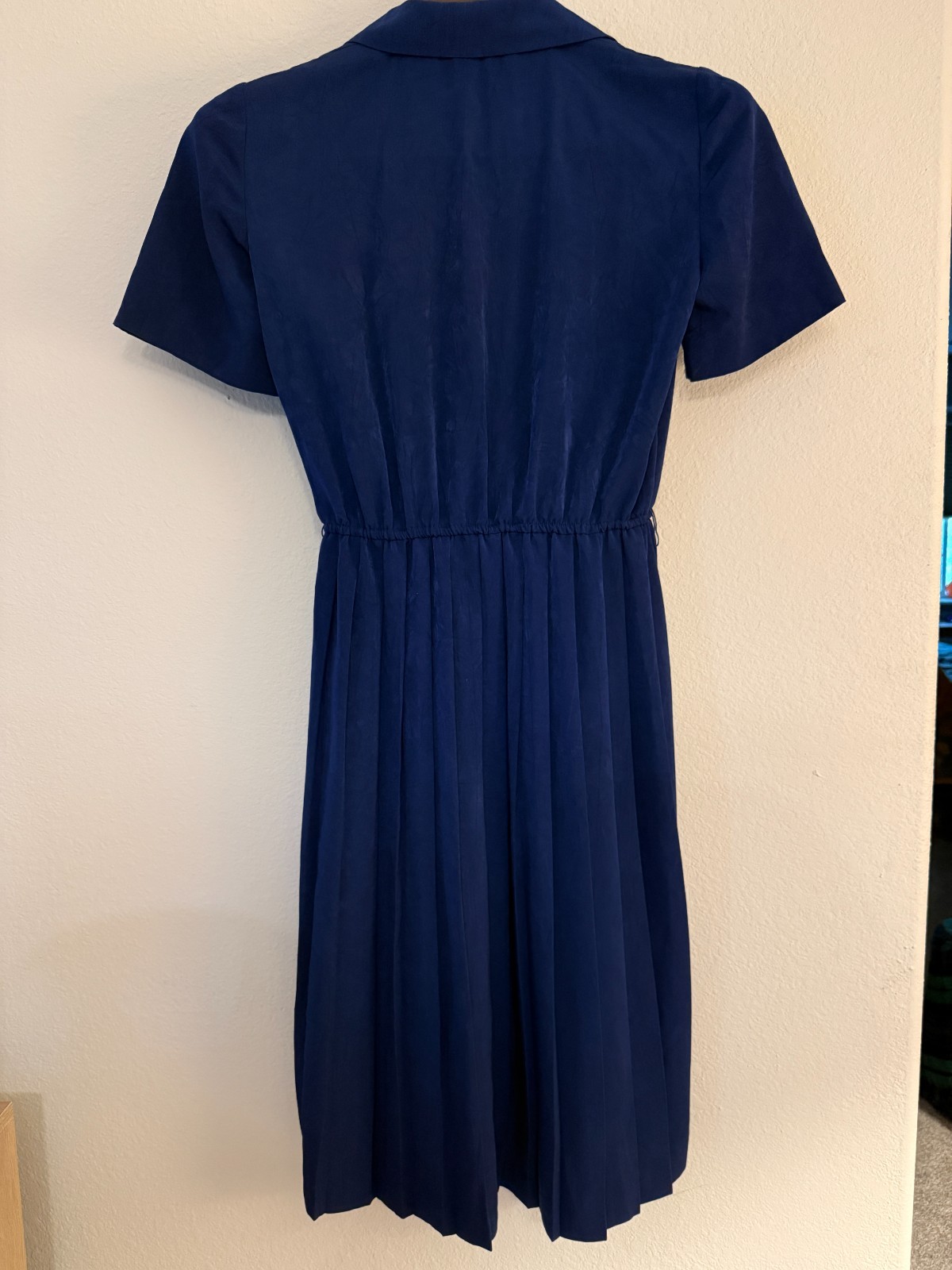 Vintage 90s Leslie Fay Navy Pleated Secretary Shirt Dress Medium Petite