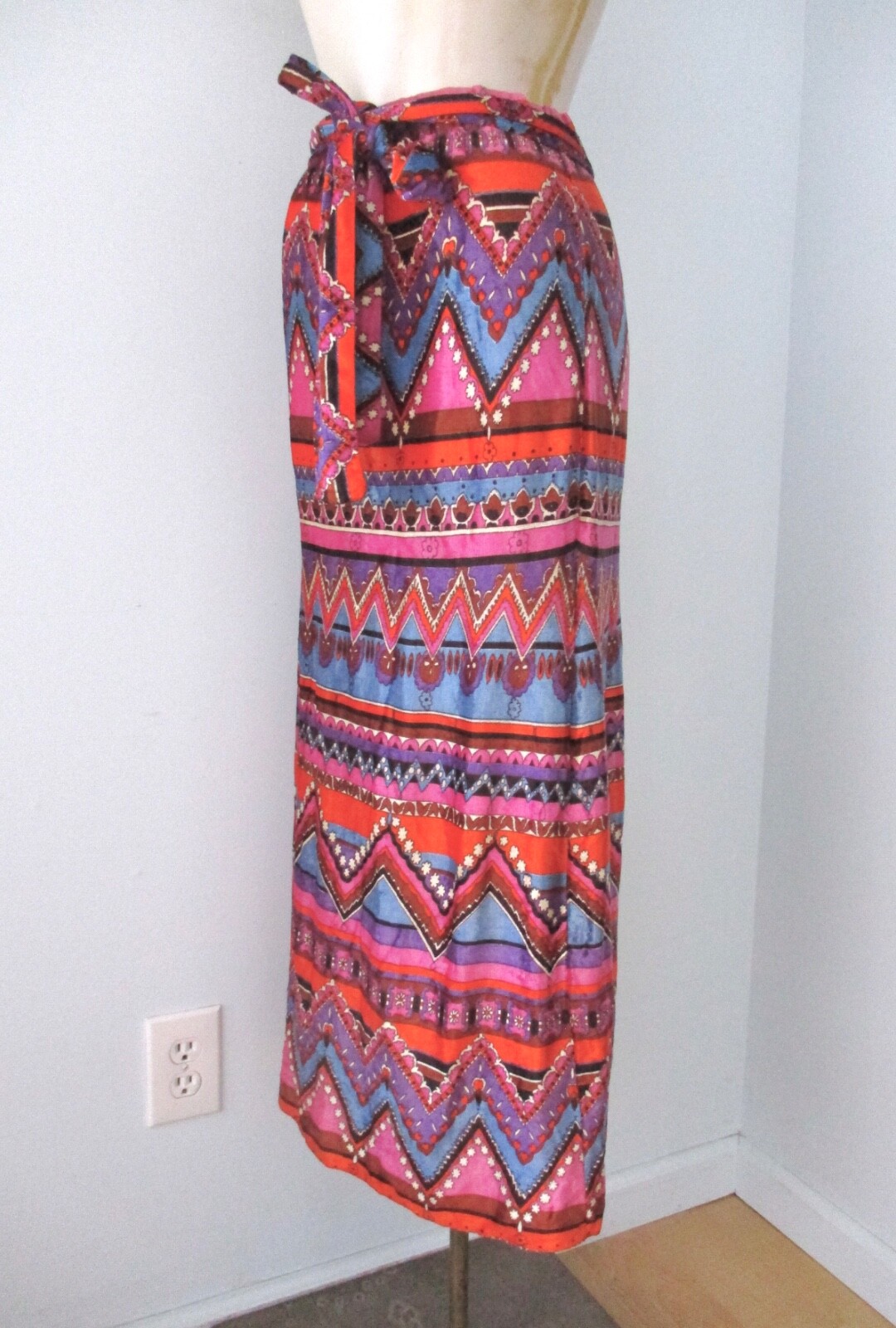 Vtg 70s silky velvet wild pink purple blue geometric maxi hostess skirt belt M