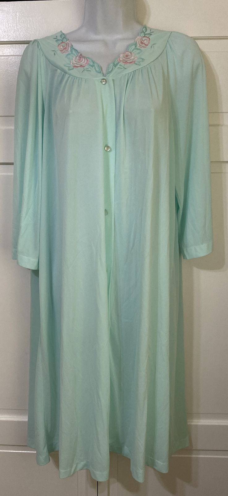 Vintage Shadowline Short Nightgown Robe Day Dress Green Embroidered Women M
