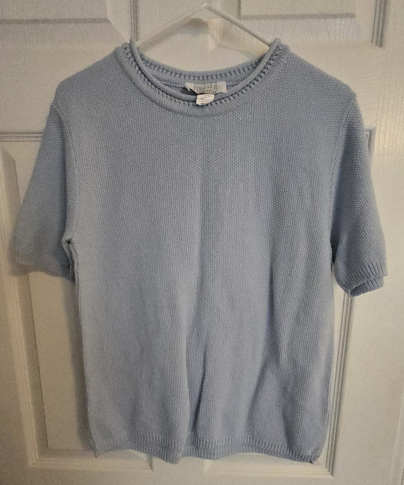 90s Forever Creative Cotton Womens Light Blue Short Sleeve Nubby Knit Shirt USA