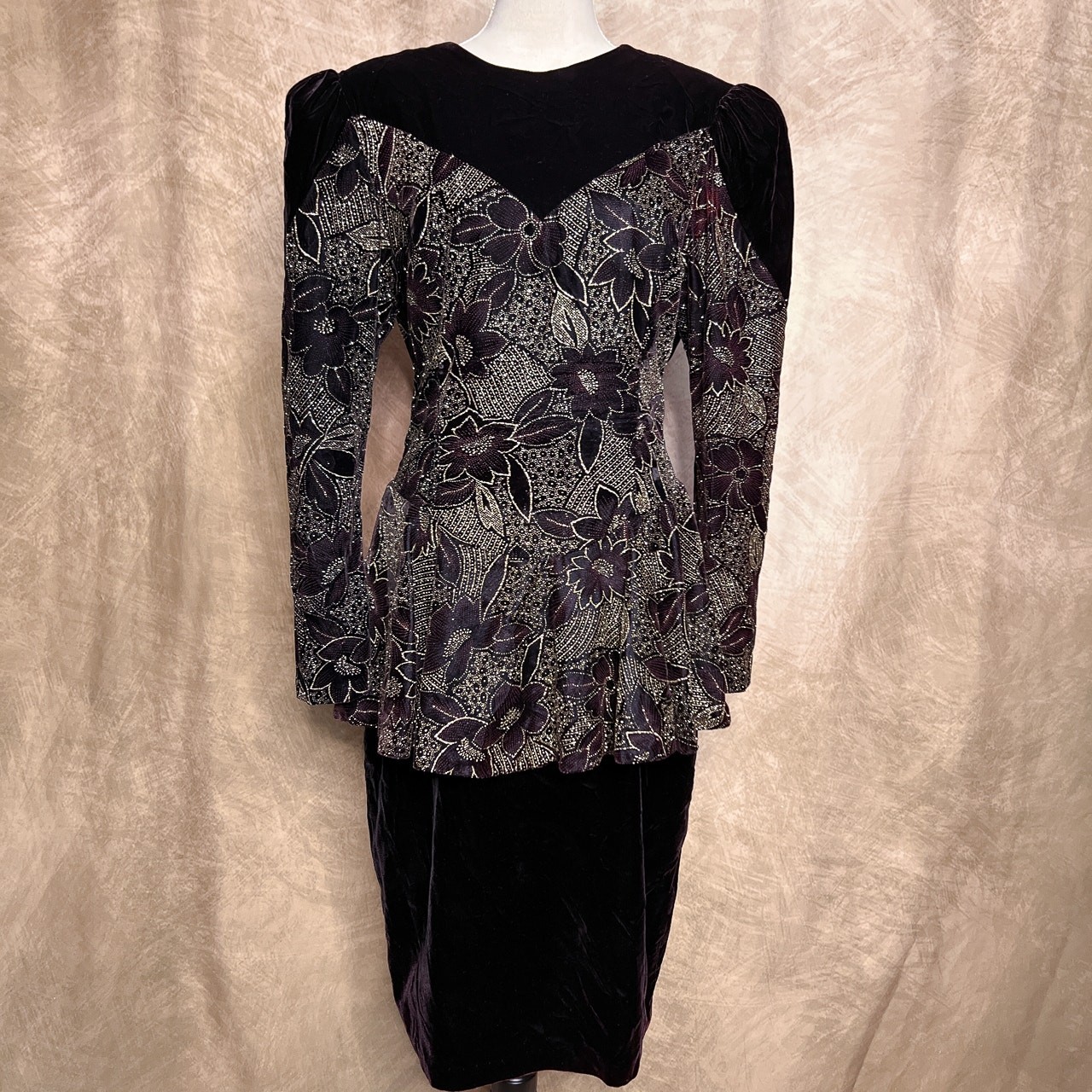 Vintage 90s Jessica McClintock Velvet Floral Peplum Dress Leg of Mutton Sleeve
