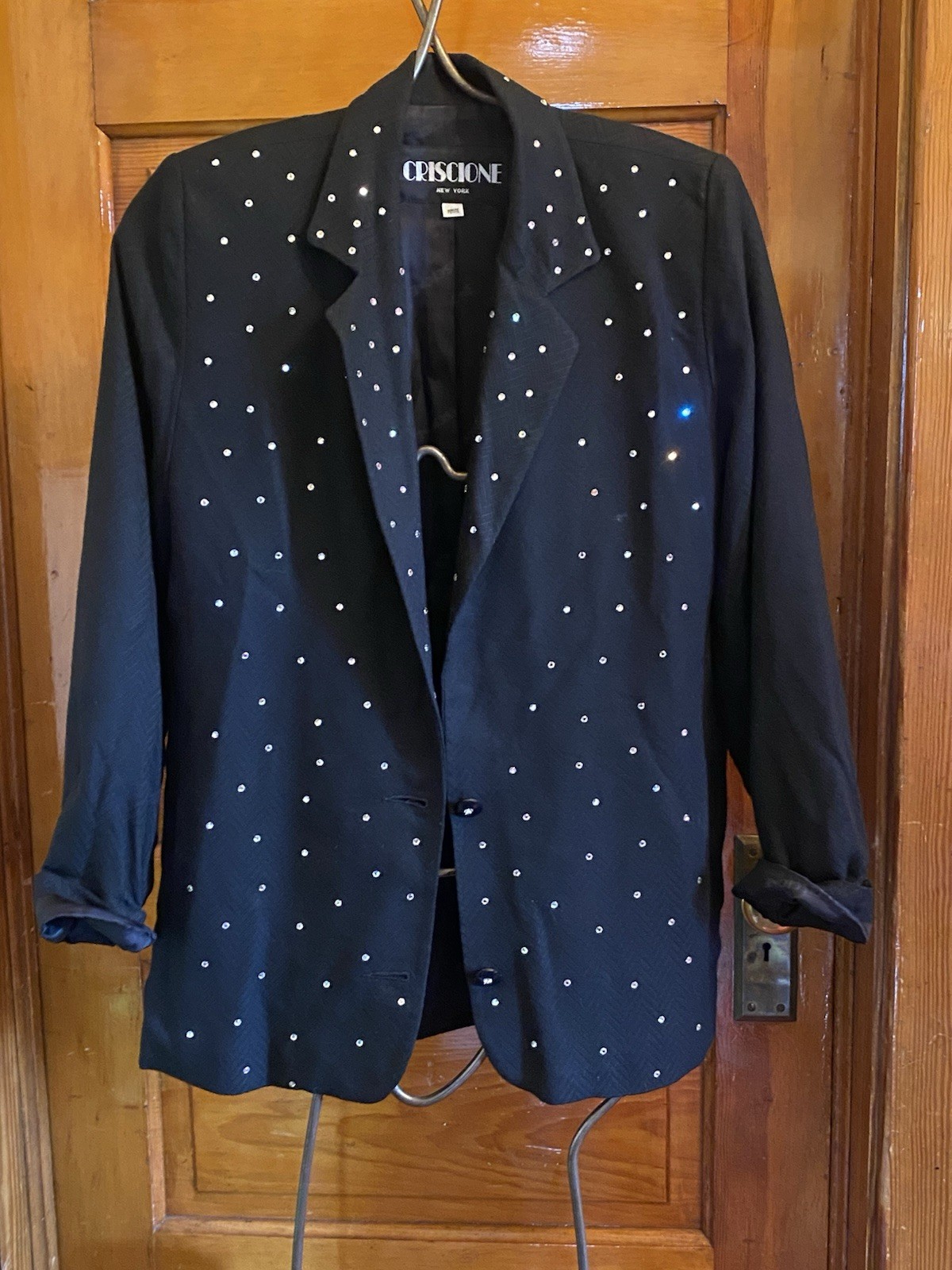 Black Crisione Blazer Ladies Sz 12 P Rhinestones Shoulder Pads Pockets Good Cond