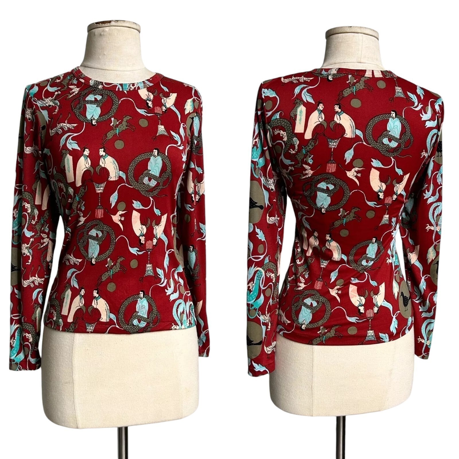 70s Vintage Novelty Print Shirt Art Traditional Animal Dragon Snake Pattern.