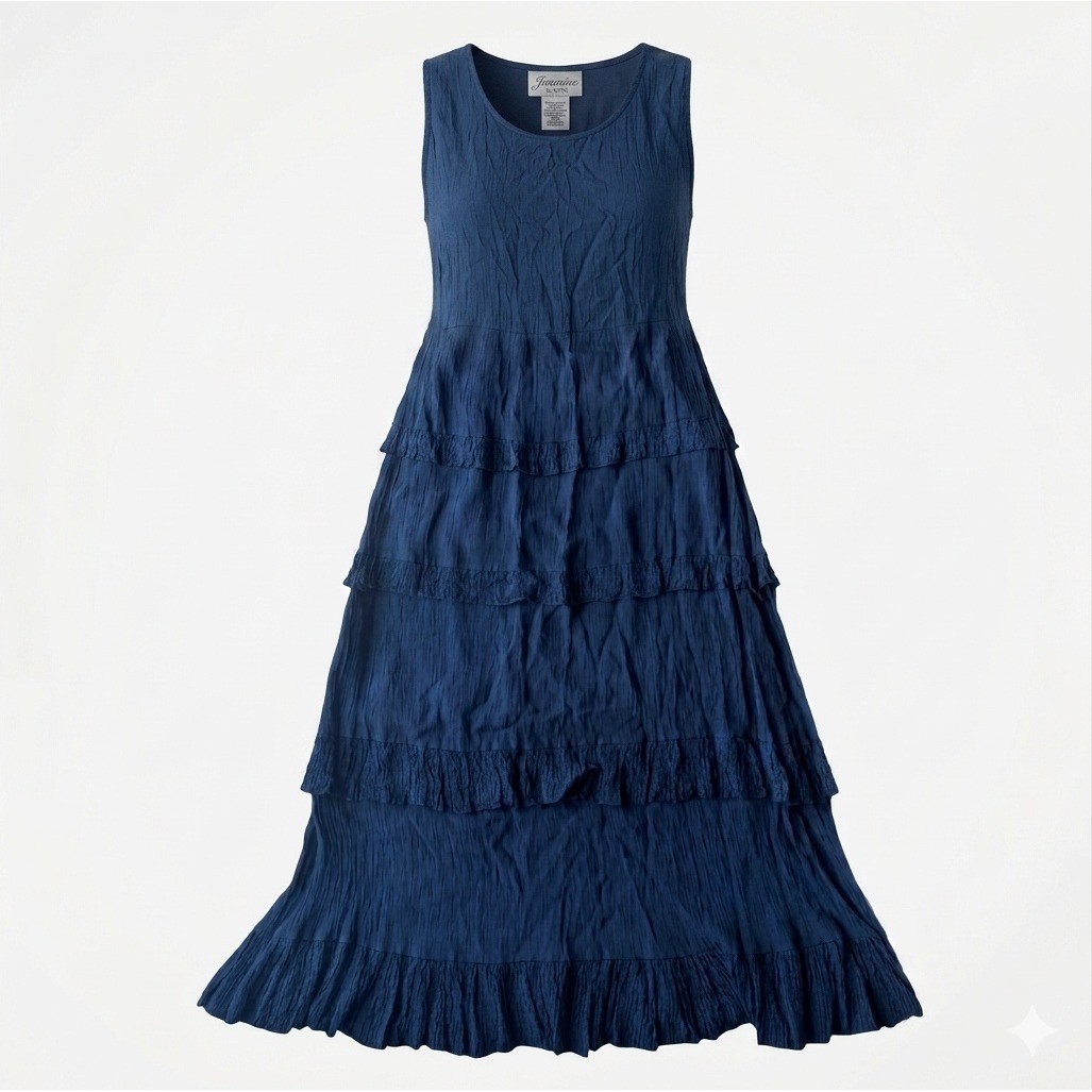 Vintage 90s Jasmine by KVM Navy Blue Crinkle Rayon Tiered Maxi Dress L