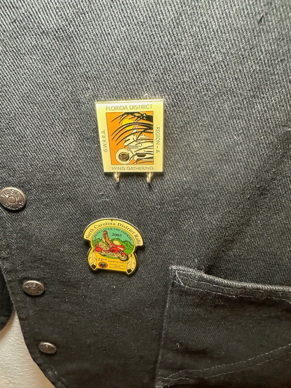 Vintage 90s Ladies Handmade Goldwing Rider Black Denim Vest Pins Patches GWRRA