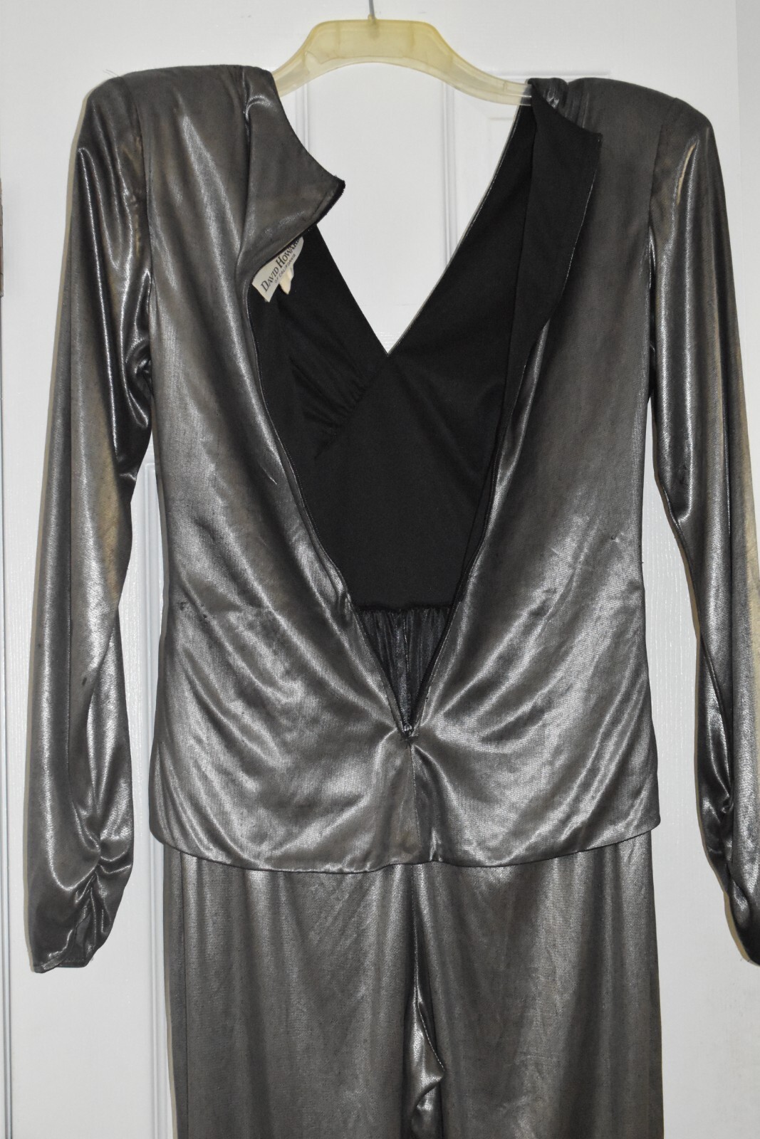 80s DISCO David Howard Silver Metallic Satin Jumpsuit One Piece Lounge petite 12