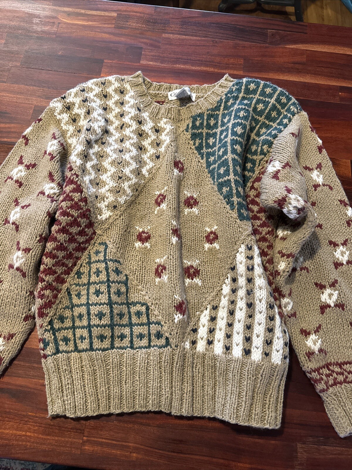 Vintage Chunky Knit Sweater Medium Caren Sport Cottagecore Tan Maroon Green
