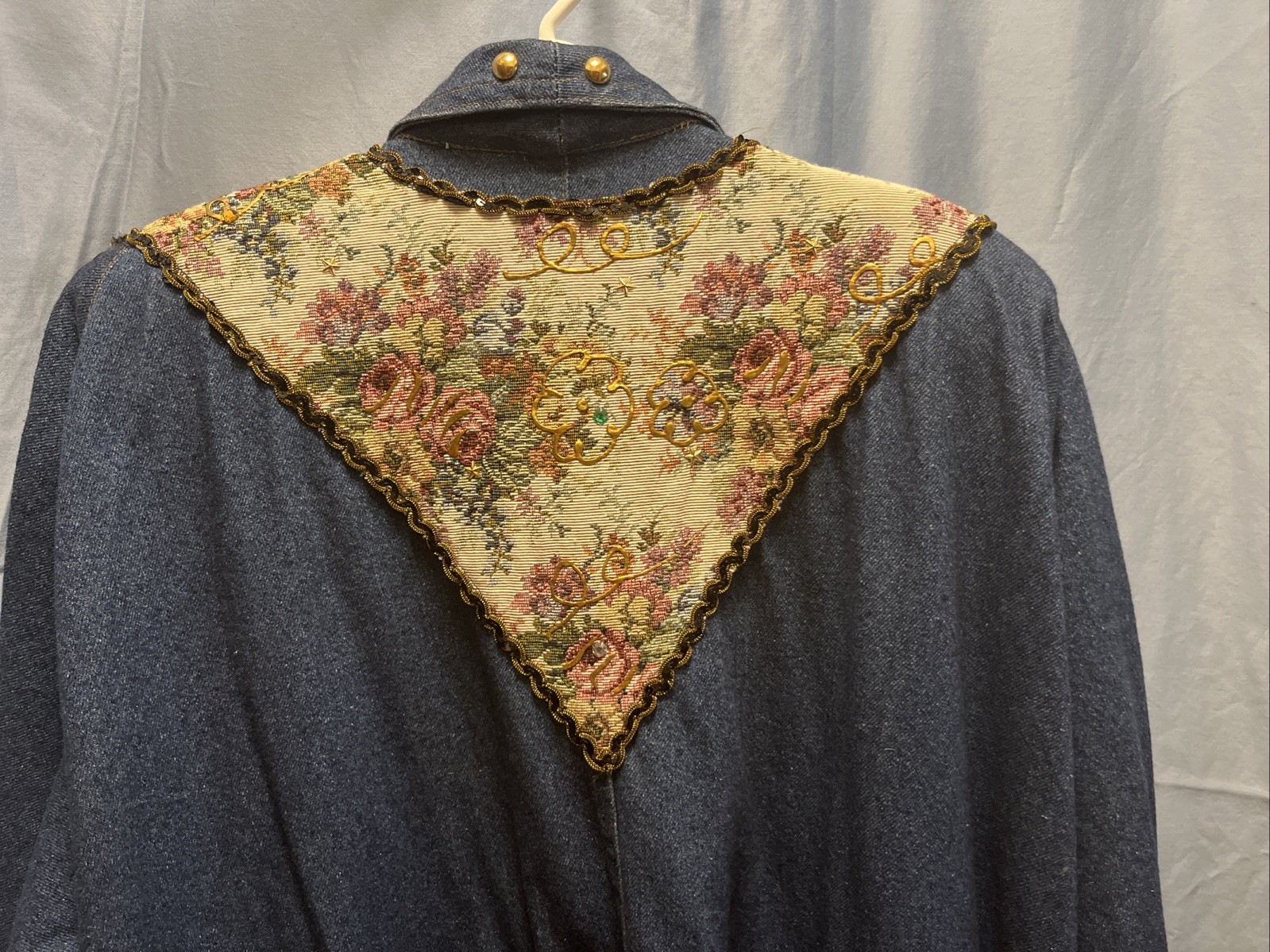RARE Vintage 80s Charle Casuals Beaded Tapestry Gold Denim DUSTER BOHO See Pix